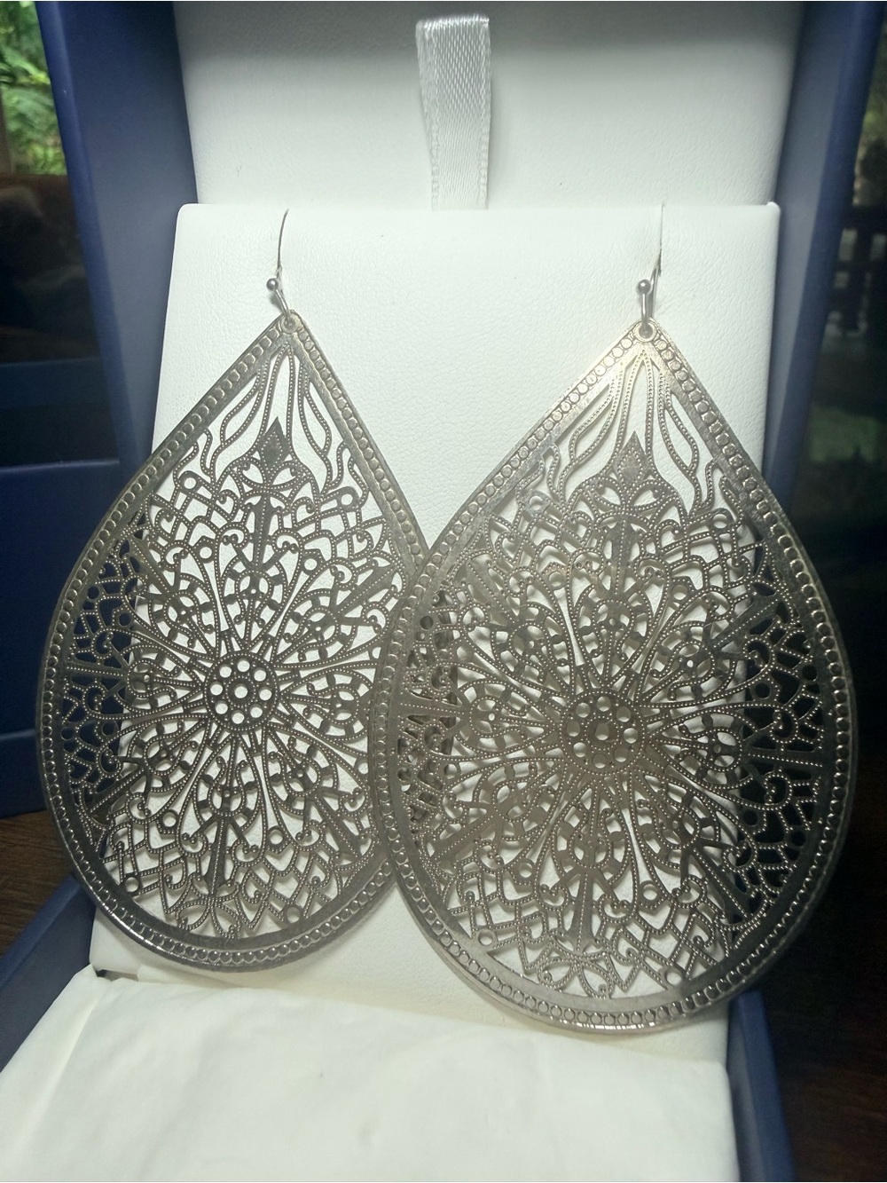 Intricate Filigree Teardrop Statement Earrings - Silver Tone